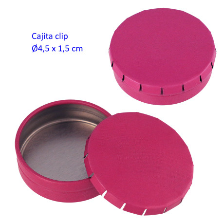 1T. Ø4,5 cm. Cajita metal autocierre «click» fucsia