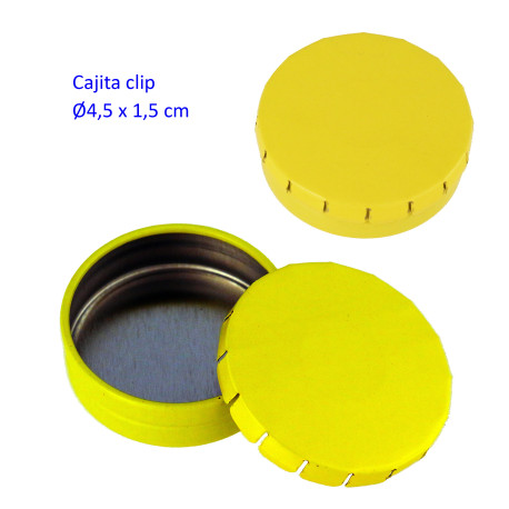 1T. Ø4,5 cm. Cajita metal autocierre «click» amarilla