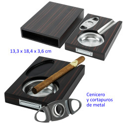 3T. Set de cigarros en caja de madera acabado ébano con cenicero y cortapuros 13,3 x 18,4 x 3,6 cm