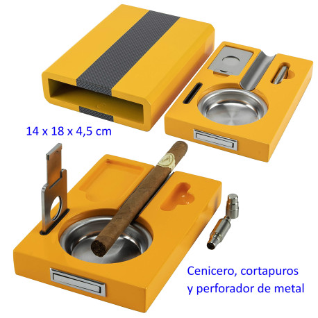 3T. Set de cigarros amarillo/carbono con cenicero, cortapuros y perforador 14 x 18 x 4,5 cm.