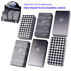 3T. Expositor con 9 tabaqueras acrílicas «COOL» blanco/negro diseños surtidos para 100 mm