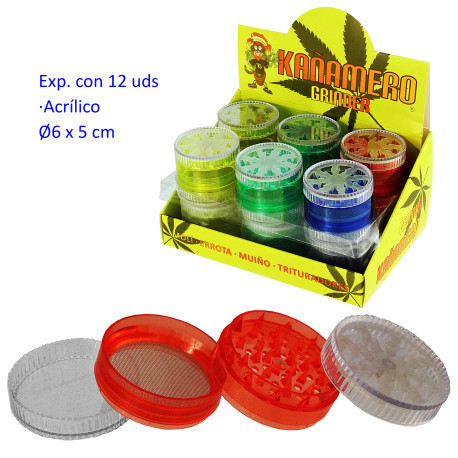 1T. Ø 6 cm. Expositor con 12 grinders «Kañamero» acrílicos 4 partes