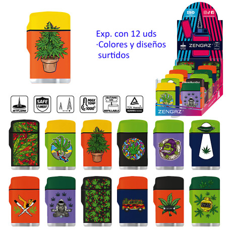 3T. Expositor con 12 encendedores turbo jet «ZL-10 MAXI JET» Cannabis diseños surtidos