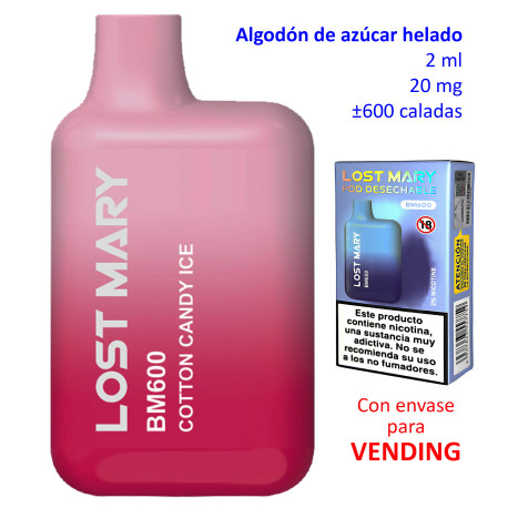 4T. «Elfbar Lost Mary 600» Cotton Candy Ice 20 mg. VENDING Vaper desechable