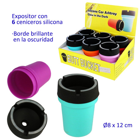1T. Expositor con 6 ceniceros para coche silicona colores surtidos