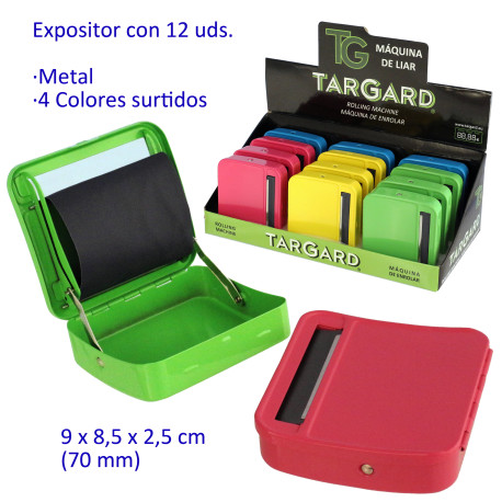 1T. Expositor con 12 máquinas de liar «TG» metálicas 70 mm. colores surtidos