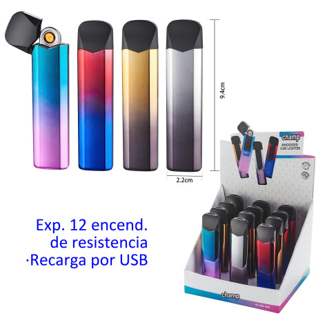 3T. Expositor con 12 encendedores de resistencia «Champ». Recarga por USB.