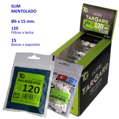 5T. 120 filtros MENTHOL «Slim 6 mm.» Exp. con 15 bolsas «Tar Gard»