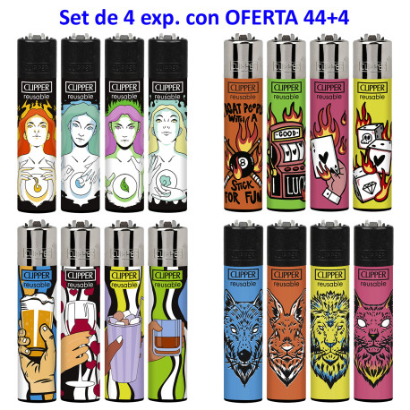 4T. Set with 4 displays 44 decorated «Clipper» lighters + 4 classic free