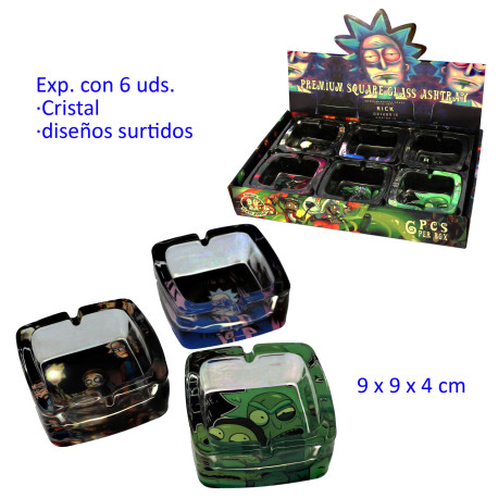 1T. Expositor con 6 ceniceros de cristal cuadrados 9 x 9 x 4 cm.