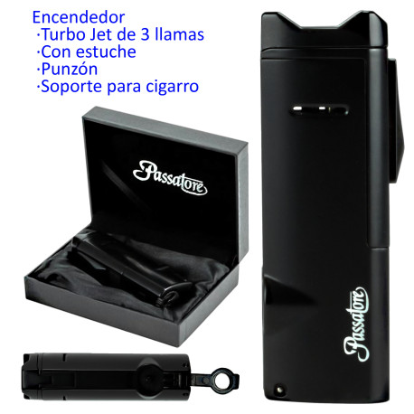 3T. Encendedor turbo jet «PASSATORE Tobago» negro 3 llamas con punzón y soporte para cigarro