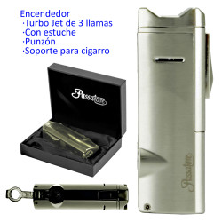 3T. Encendedor turbo jet «PASSATORE Tobago» gun satin 3 llamas con punzón y soporte para cigarro