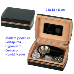 3T. Humidor polipiel negro/marrón con higrómetro, cortapuros, cenicero y humidificador 25 x 18 x 8 cm.