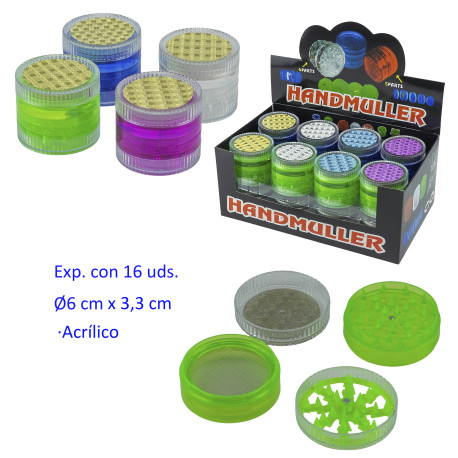 3T. Ø6 cm. Expositor con 16 grinders acrílicos 3 partes