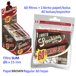 4T. Exp. de filtros «Smoking» Slim de 6 mm. (40 bolsas x 60 filtros) + librito Regular Brown