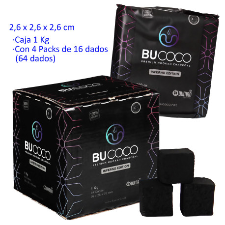 4T. Box of 1 Kg. Charcoal «BUCOCO» with 64 dice of 2.6x2.6x2.6 cm
