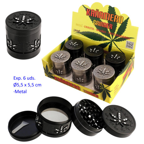 1T. Ø 5,5 cm. Expositor con 6 trituradores (grinders) «Kañamero» 4 partes