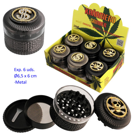 1T. Ø 6,5 cm. Expositor con 6 trituradores (grinders) «Kañamero» 4 partes