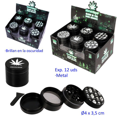 1T. Ø4 cm. Expositor con 12 grinder metálicos 4 partes brillan en la oscuridad