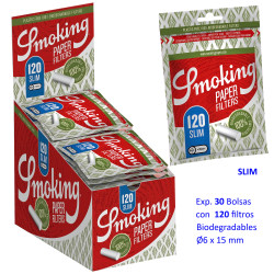 4T. «Smoking» Slim paper filters 6x15 mm. Expositor con 30 bolsas de 120