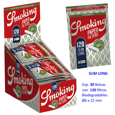 4T. «Smoking» Slim Long paper filters 6x22 mm. Expositor con 30 bolsas de 120