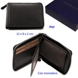 3T. Cartera con cremallera Marrón de piel