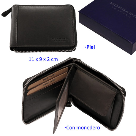 3T. Cartera con cremallera Marrón de piel