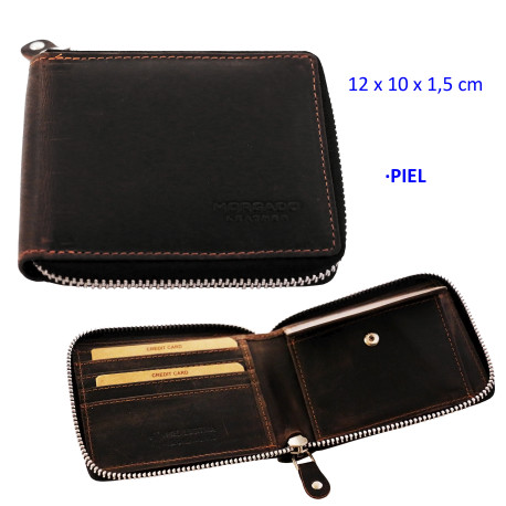 3T. Cartera con cremallera Marrón de piel