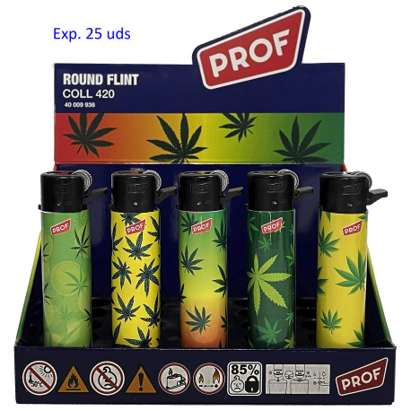 3T. Expositor con 25 encendedores piedra «Prof green Leaf»