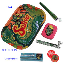 1T. Pack con bandeja, caja, grinder, papel, pipa y guardacigarro