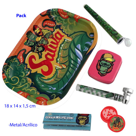 1T. Pack con bandeja, caja, grinder, papel, pipa y guardacigarro