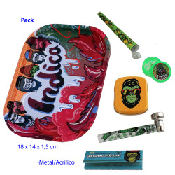 1T. Pack con bandeja, caja, grinder, papel, pipa y guardacigarro