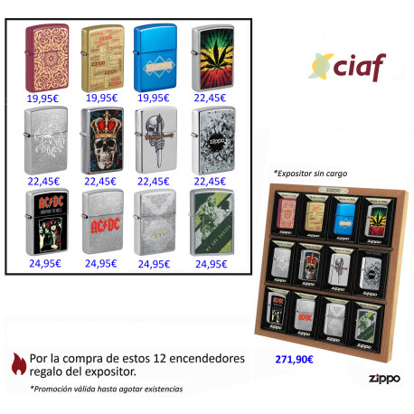 3T. Wooden Display «Zippo» with 12 assorted lighters