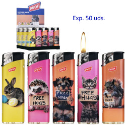 3T. Expositor con 50 encendedores piezo «Prof» animal hugs