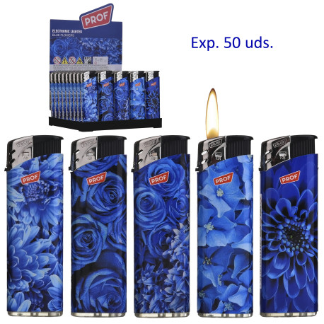 3T. Expositor con 50 encendedores piezo «Prof» blue flowers