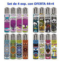 4T. Set with 4 displays 44 decorated «Clipper» lighters + 4 classic free