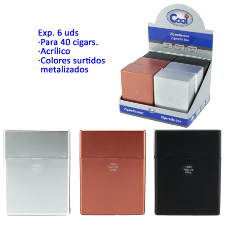 3T. Expositor con 6 tabaqueras acrílicas «Cool Pop up» para 40 cigarrillos colores metalizados surtidos