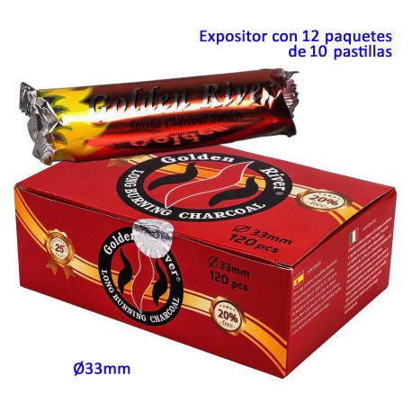 3T. Ø33 mm. Carbón vegetal «Golden River» Expositor con 10 paquetes de 10 pastillas.