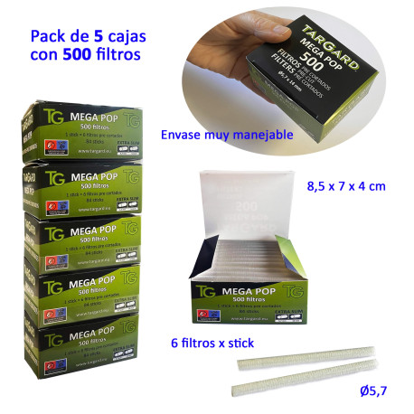 5T. Pack de 5 cajas con 500 filtros «MEGA POP Tar Gard» precortados
