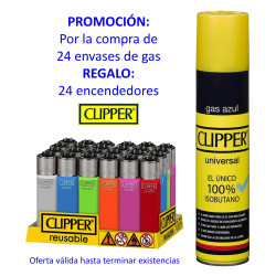 4T. OFERTA 24 envases Gas «Clipper» 300 ml.  + expositor 24 encendedores translúcidos sin cargo
