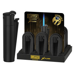4T. Clipper JET FLAME piedra «MAT BLACK» Expositor con 12 encendedores