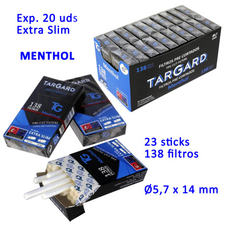 5T. 138 Filtros Precortados «TG» EXTRA SLIM MENTHOL de Ø5,7 mm 20 cajas en expositor