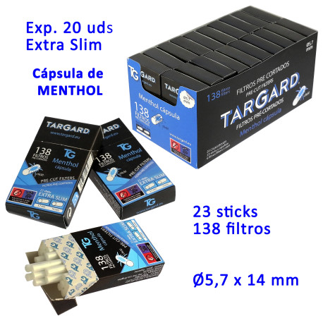 5T. 138 Filtros Precortados «TG» EXTRA SLIM CÁPSULA MENTHOL de Ø5,7 mm 20 cajas en expositor