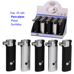 3T. Expositor con 25 encendedores piezo para pipa «Cool» negro/plata surtidos