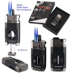 3T. Encendedor turbo jet «Silver Match» 2 llamas con cortapuros y soporte para cigarro