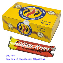 4T. Ø40 mm. Carbón vegetal «Golden River» Expositor con 12 paquetes de 10 pastillas.