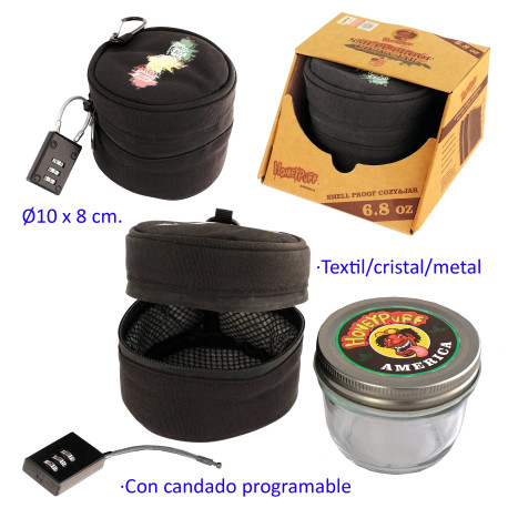 1T. Bote de cristal con funda textil y candado