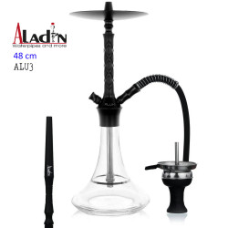 3T. 48 cm Shisha ALADIN ALU3 de aluminio negro y plata  con base de cristal transparente
