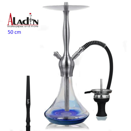 3T. 50 cm shisha ALADIN Captain Schwarz de aluminio plata con base de cristal transparente y azul