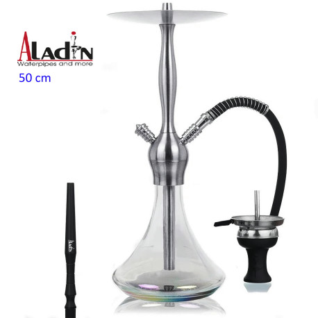 3T. 50 cm shisha ALADIN Captain Schwarz de aluminio plata con base de cristal transparente tornasolada